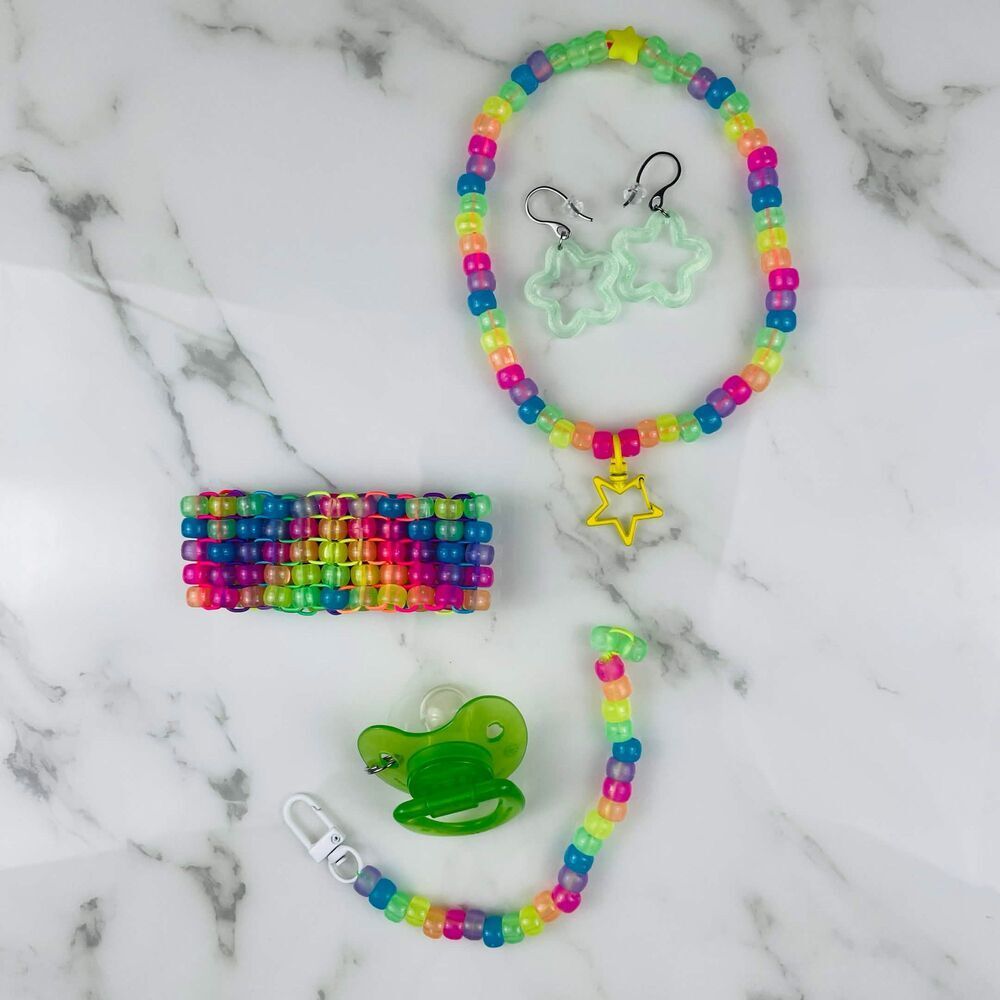 (Sour Patch) glow Rainbow kandi Rave 6pc cuff choker earrings binky & cord green
